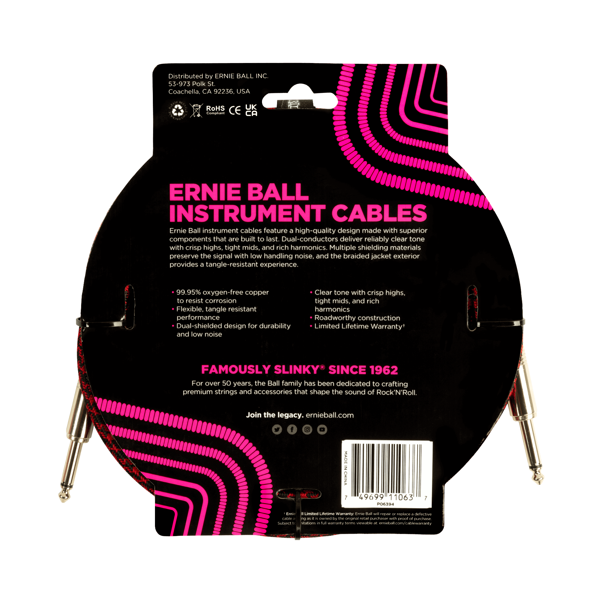 Ernie Ball - Cable de Audio Recto/Recto, Tamaño: 3.048 Mts., Color: Rojo/Negro Mod.6394_19