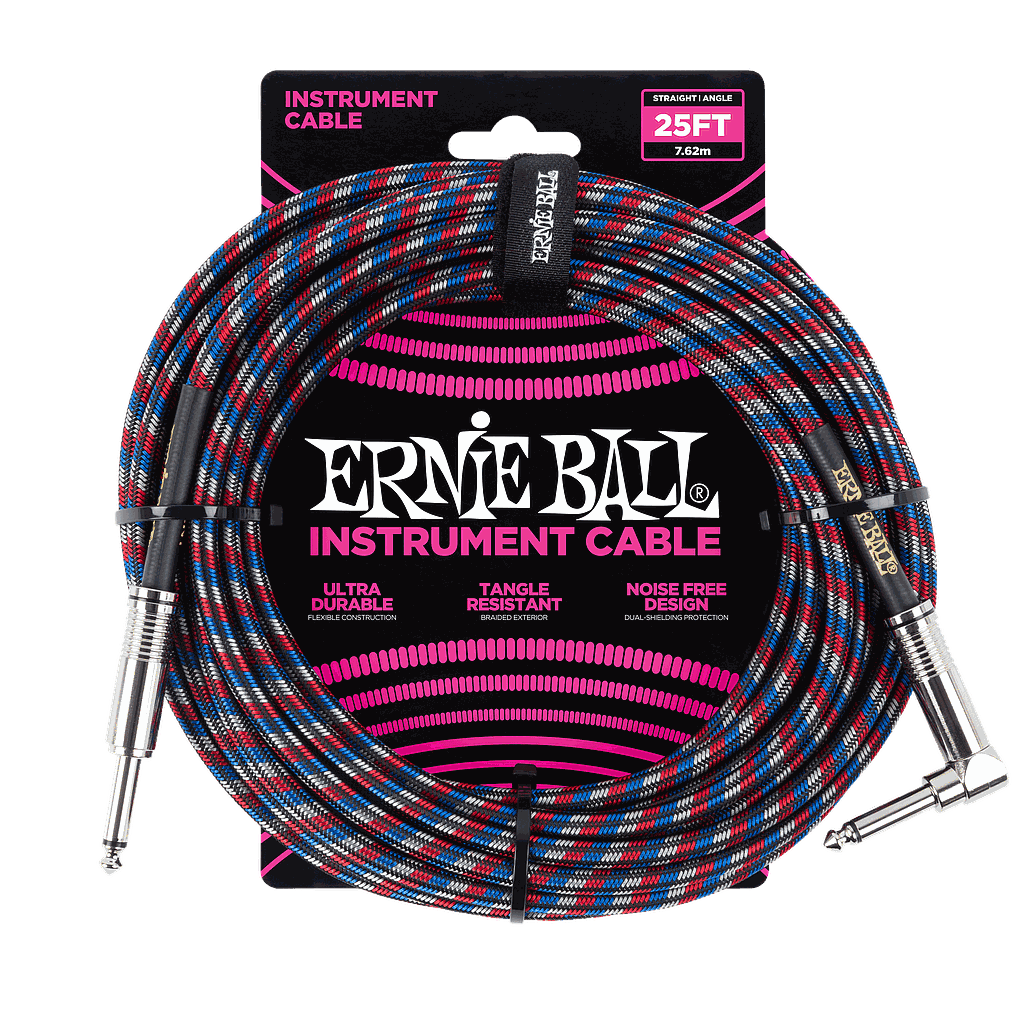 Ernie Ball - Cable Recubierto para Instrumento de 7.62 mts., Color: Negro/Azul/Rojo/Blanco Ang./ Rec. Mod.6063