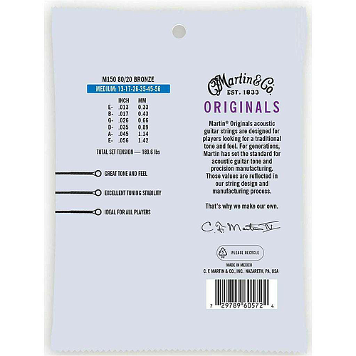 Martin - Encordado Originals Series para Guitarra Acústica, Medium 13-56 Mod.M150_3