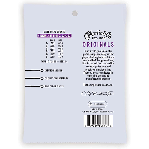 Martin - Encordado Originals Series para Guitarra Acústica, Custom Light 11-52 Mod.M175_10